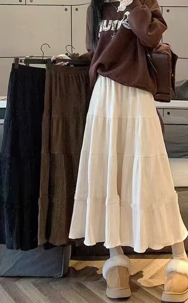 鬆緊腰麂皮素面蛋糕長裙