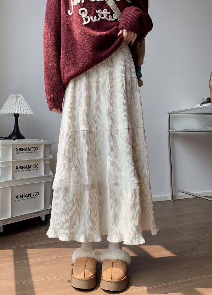 鬆緊腰麂皮素面蛋糕長裙