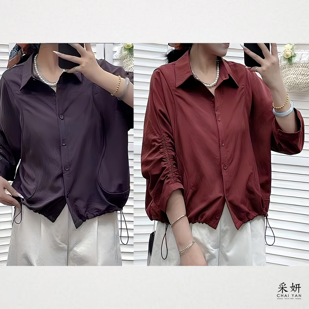 波浪滾邊鬆緊抓皺袖襯衫外套