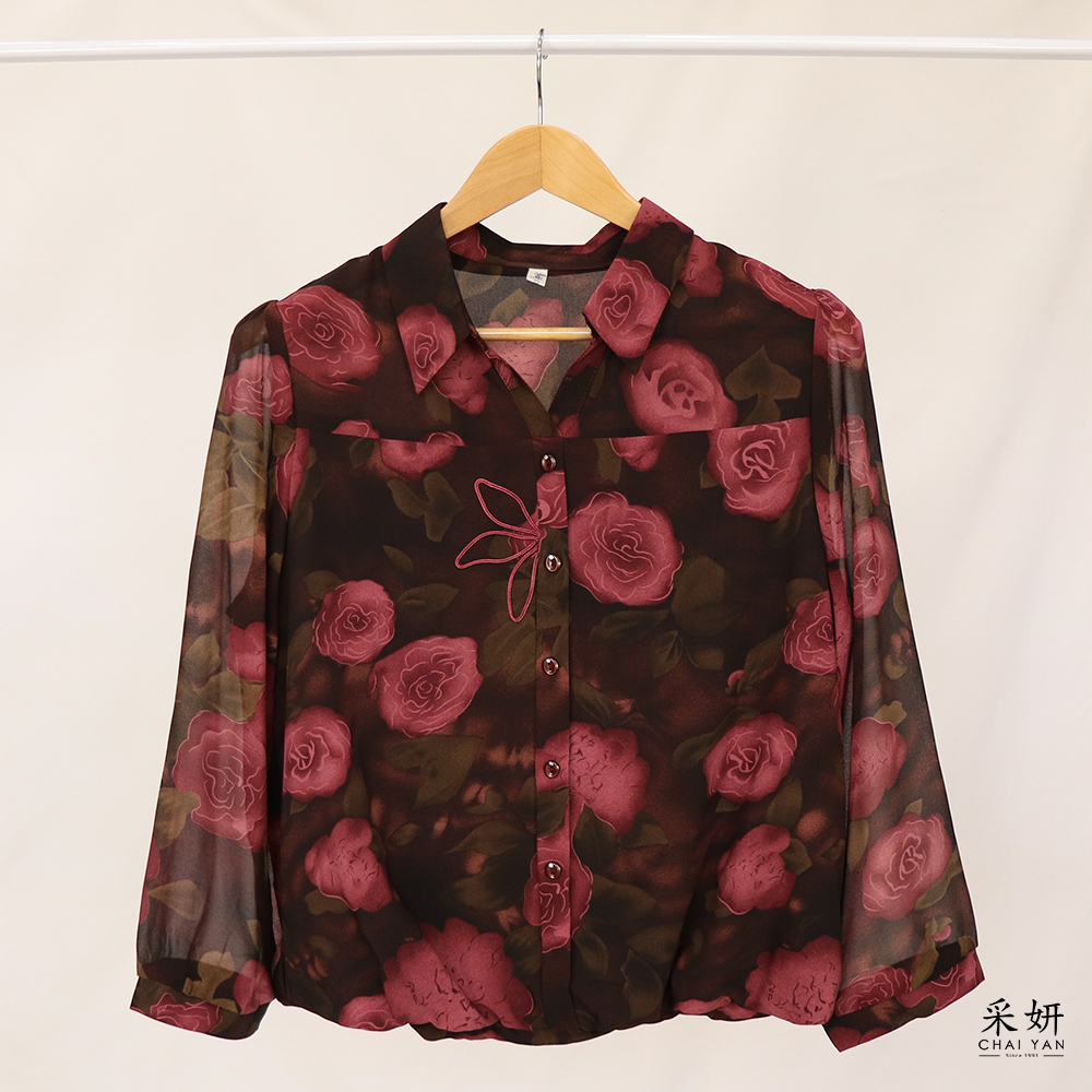 滿版玫瑰印花雪紡翻V領長袖上衣
