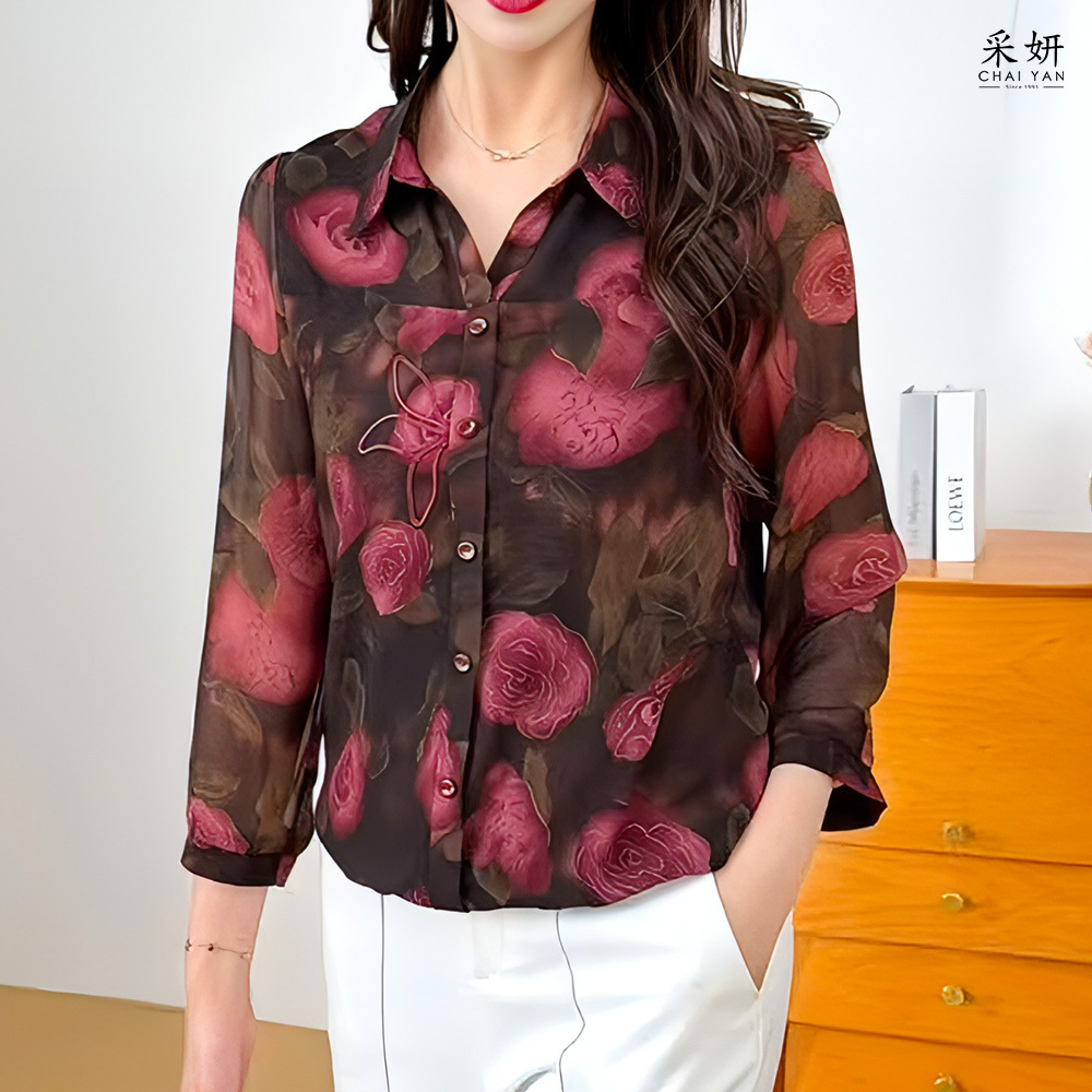 滿版玫瑰印花雪紡翻V領長袖上衣
