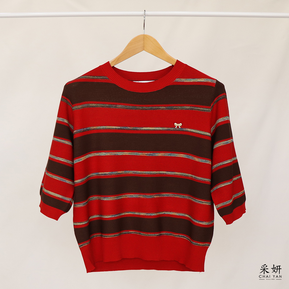 條紋水鑽蝴蝶結別針針織半袖上衣