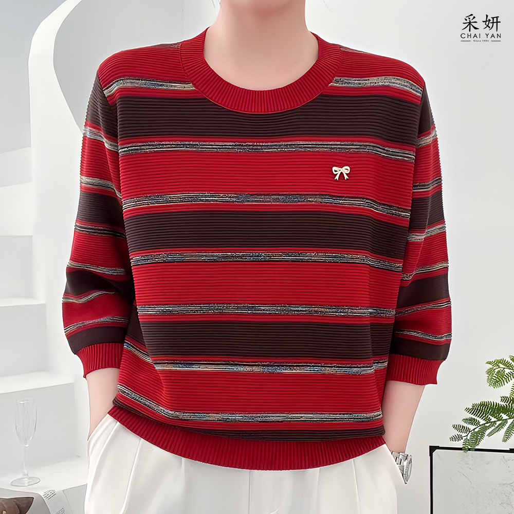 條紋水鑽蝴蝶結別針針織半袖上衣