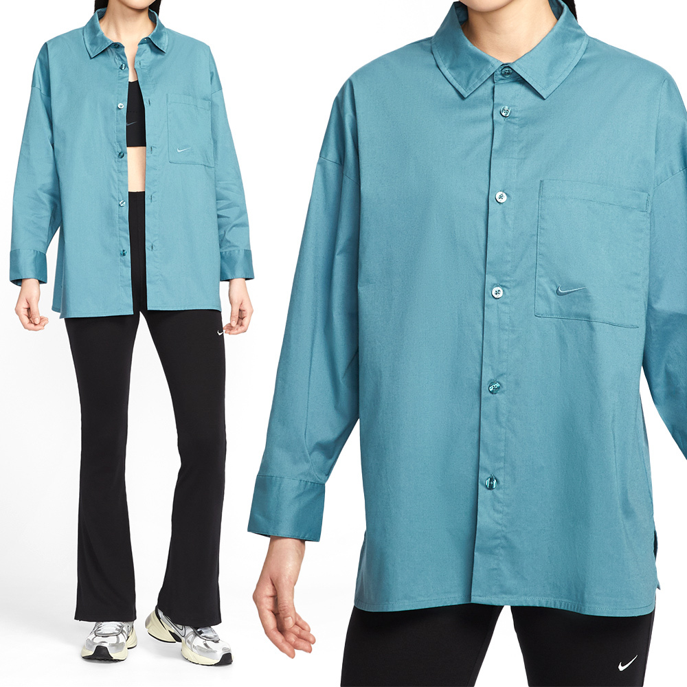 Nike Chll Ppln Ls Btn T 女款 灰藍色 寬鬆 口袋 襯衫 休閒 長袖 HJ0716-006