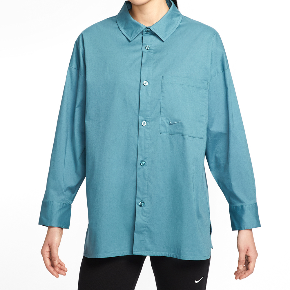 Nike Chll Ppln Ls Btn T 女款 灰藍色 寬鬆 口袋 襯衫 休閒 長袖 HJ0716-006