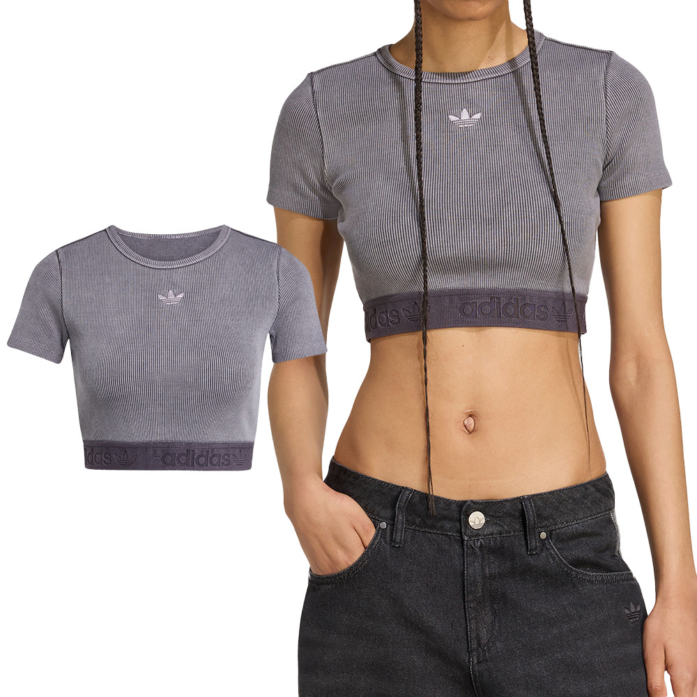 Adidas Rib Tee Wash 女款 灰色 短版 修身 水洗 休閒 運動 短袖 JW3573