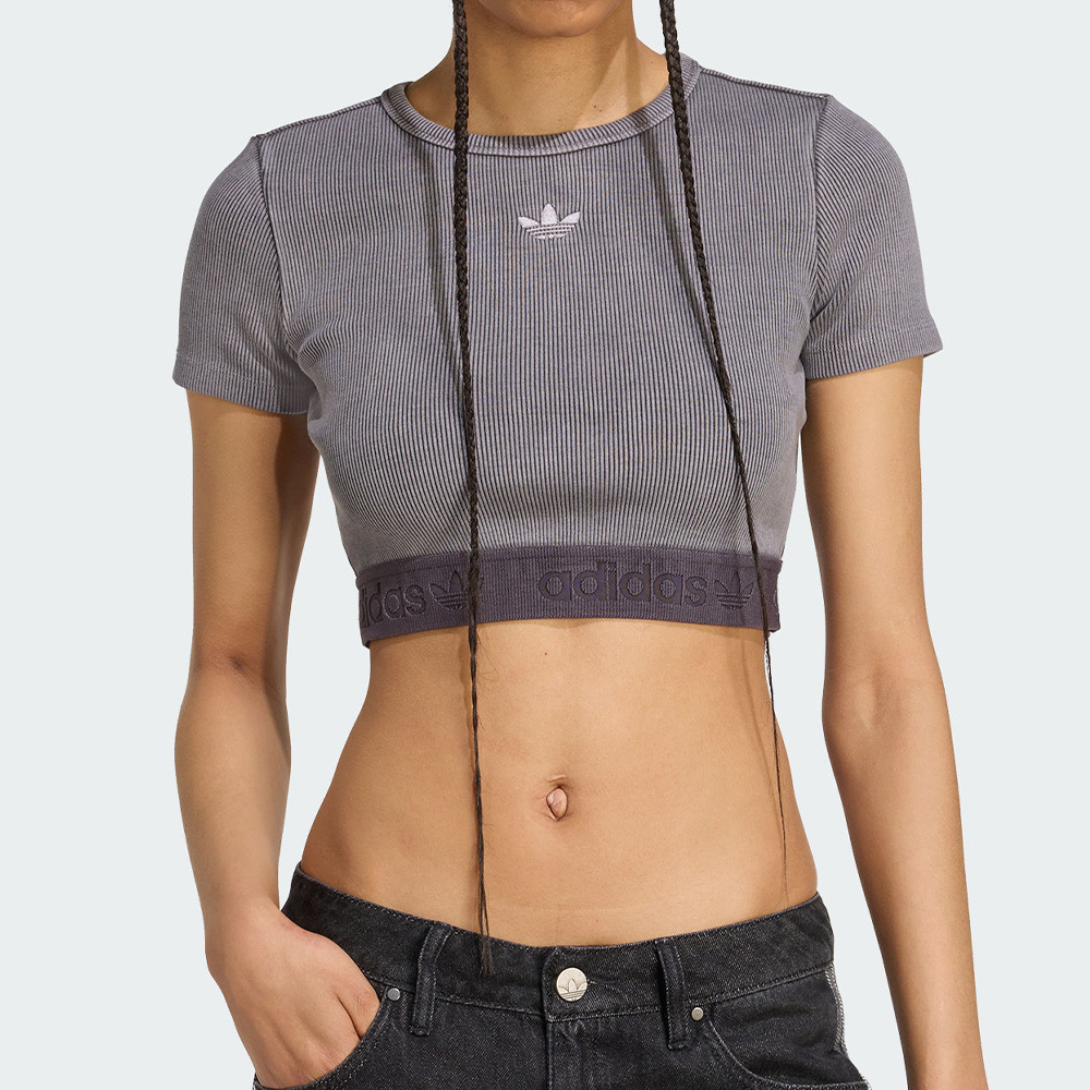Adidas Rib Tee Wash 女款 灰色 短版 修身 水洗 休閒 運動 短袖 JW3573