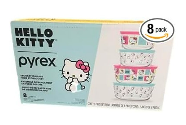 [S] PYREX HELLO KITTY 1459394 DECORATED GLASS FOOD STORAGE, 8 PIECE SET, 071160159624 (SZZ691)
