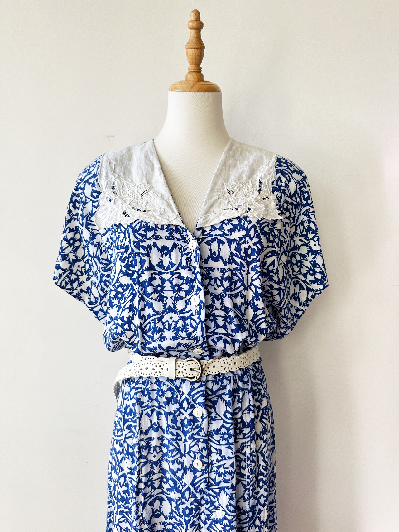 JANE SINGER 藍白大領花蔓古著連身裙