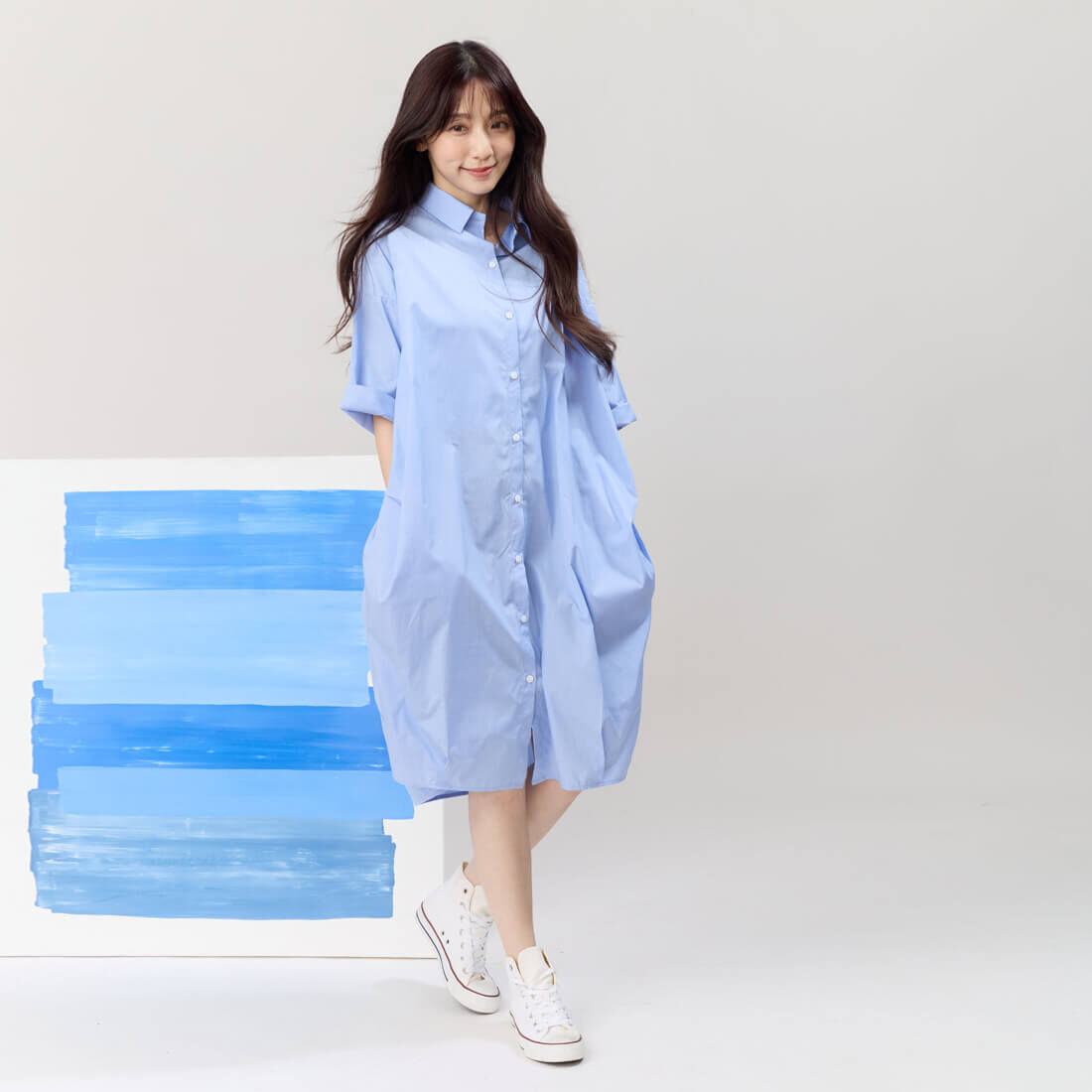 Nancy棉質開襟口袋襯衫洋裝/淺藍