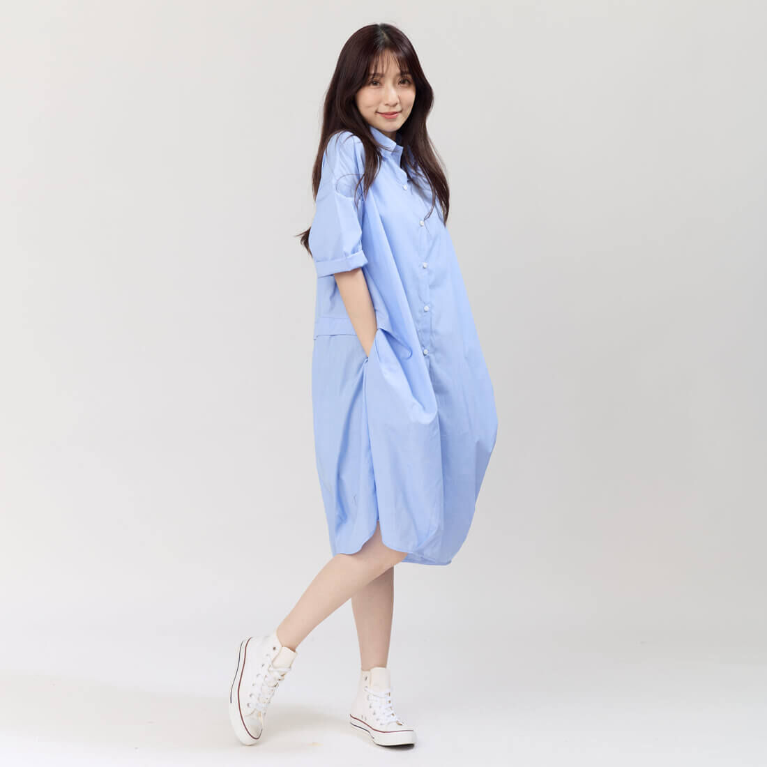 Nancy棉質開襟口袋襯衫洋裝/淺藍