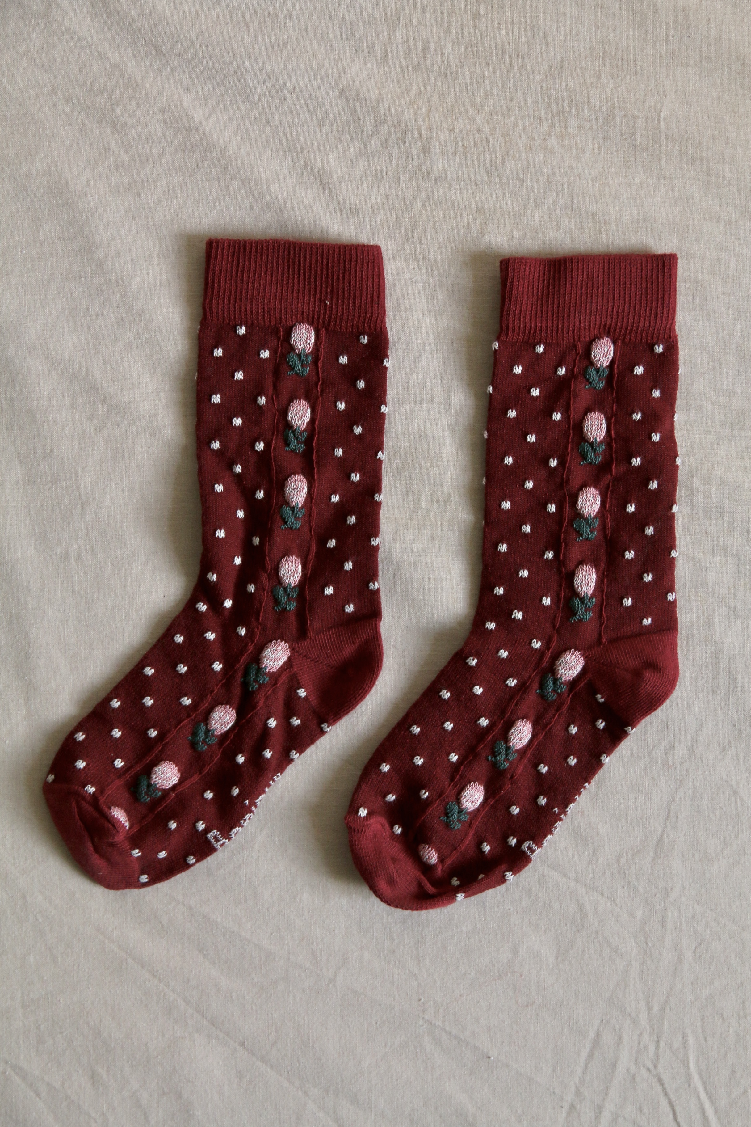 BONJOUR DIARY 森林小花襪Dots/flowers socks red