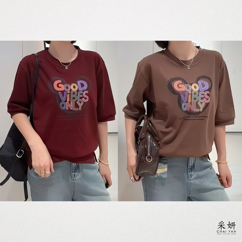 卡通字母印花立體刺繡圓領半袖上衣