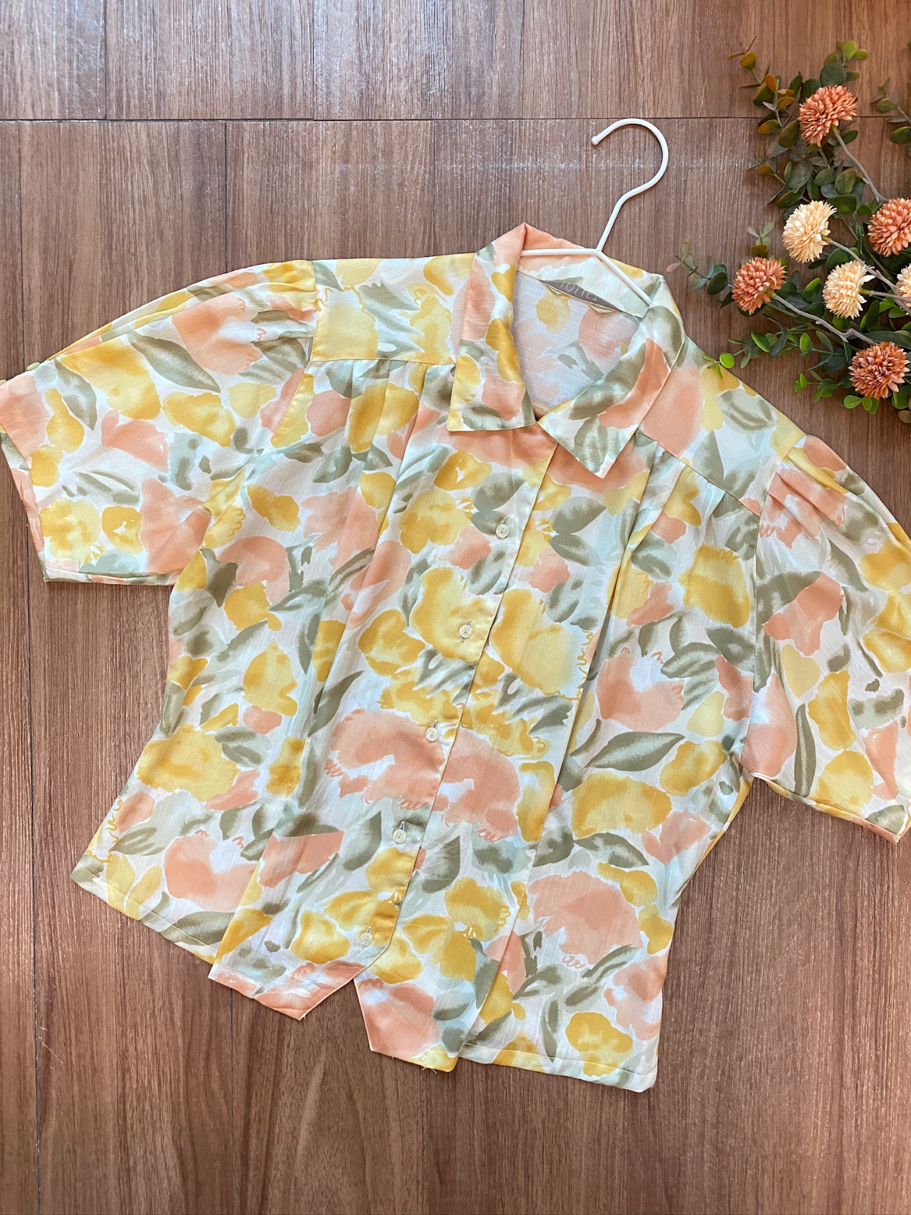 粉色水彩風大花古著上衣