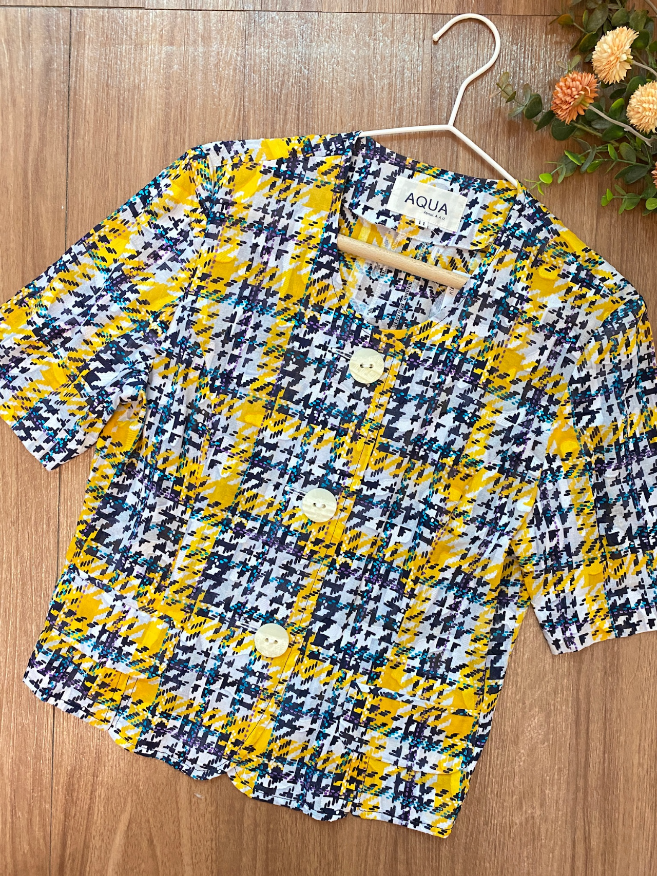 日本製黃藍格紋棉質上衣