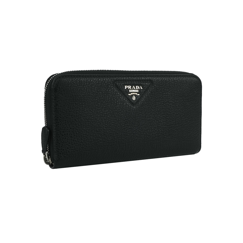 【Prada】縫線三角Logo ㄇ形拉鍊長夾(黑色)