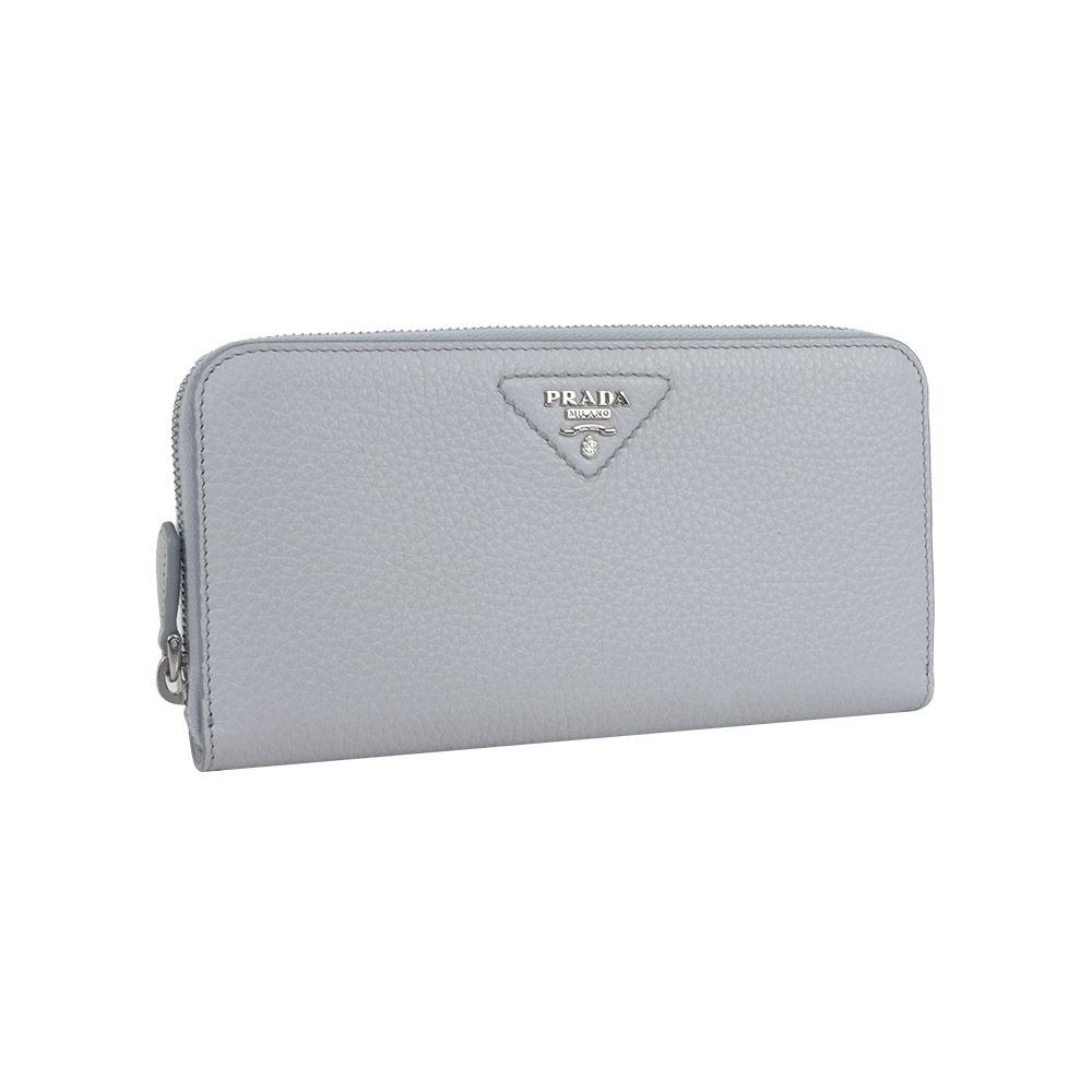 【Prada】縫線三角Logo ㄇ形拉鍊長夾(矢車菊藍)