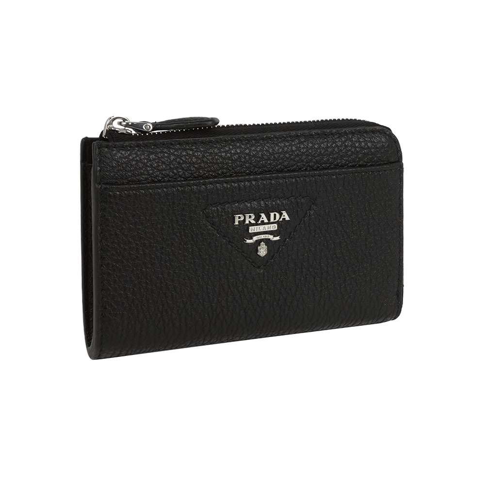 【Prada】縫線三角Logo 牛皮拉鍊鑰匙包/卡包(黑色)