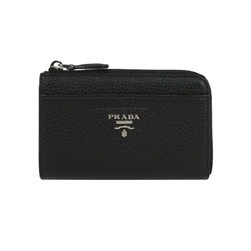 【Prada】縫線三角Logo 牛皮拉鍊鑰匙包/卡包(黑色)