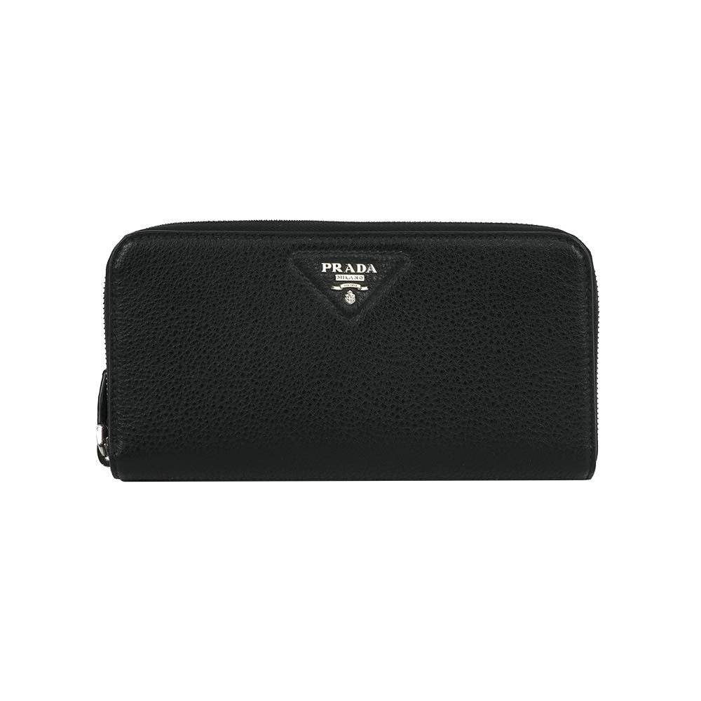 【Prada】縫線三角Logo ㄇ形拉鍊長夾(黑色)