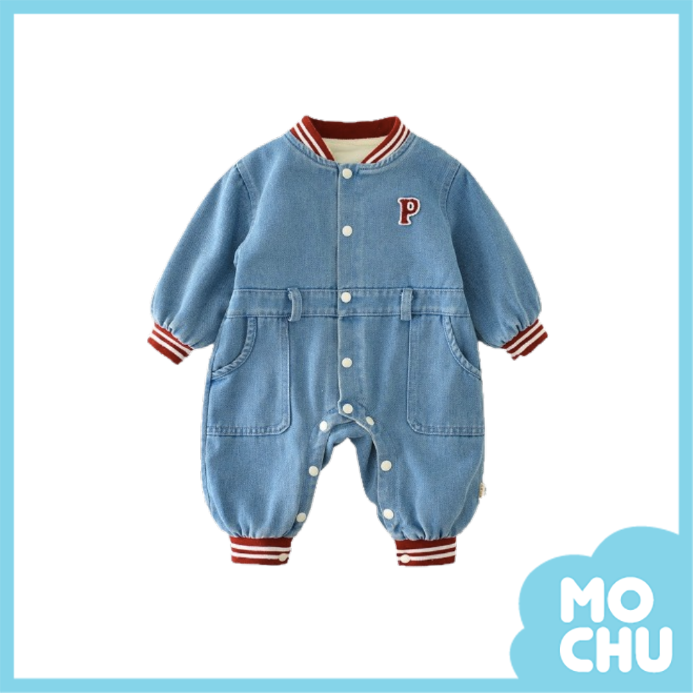 P字紅條領牛仔加絨長袖連身衣