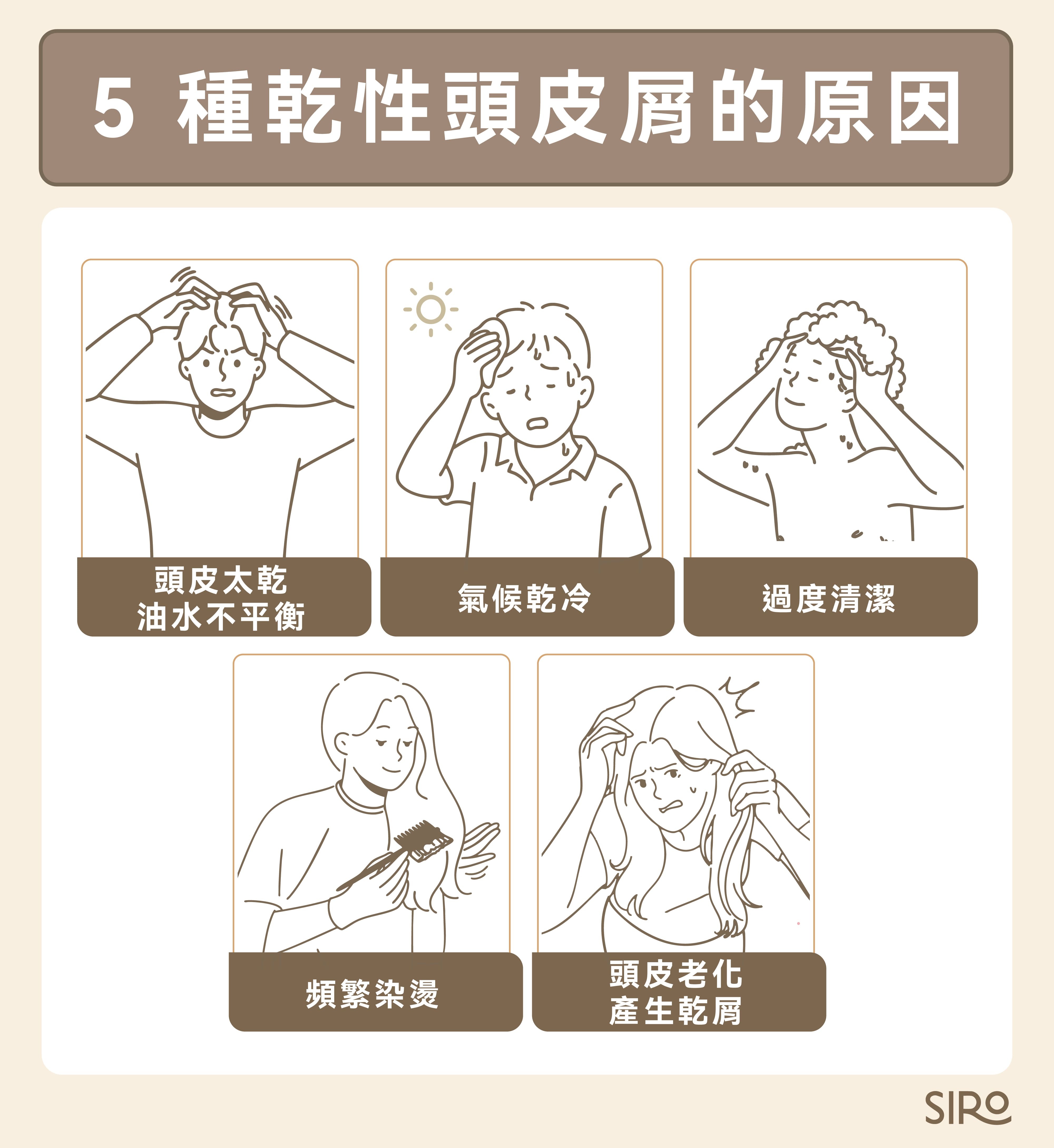 5 個乾性頭皮屑原因：皮脂與保水功能不足、氣候乾冷刺激、過度清潔傷害皮膚屏障、染燙造成損傷、老化導致乾屑