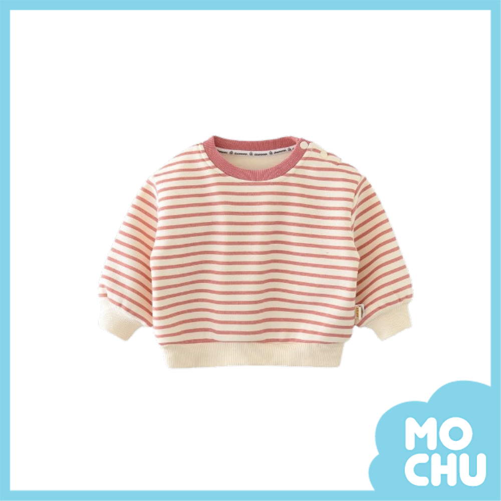 粉白條加絨長袖上衣