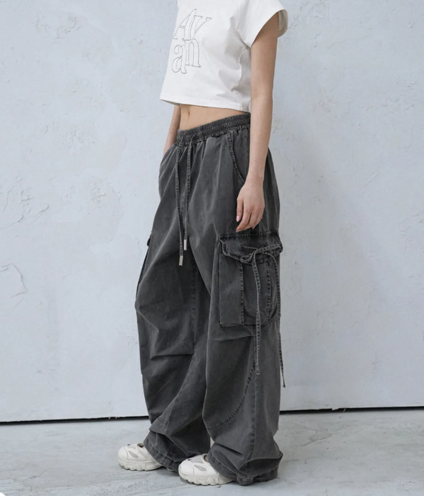 【代購】AVANDRESS DYED CARGO DENIM PANTS 工裝牛仔褲 綁帶牛仔褲 工裝褲 牛仔褲 綁帶 工裝 男女 兩色 黑 灰 2 COLOR