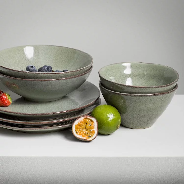 Sagaform-炻釉餐具系列,餐盤2入,亞麻綠,深碗2入, 亞麻綠