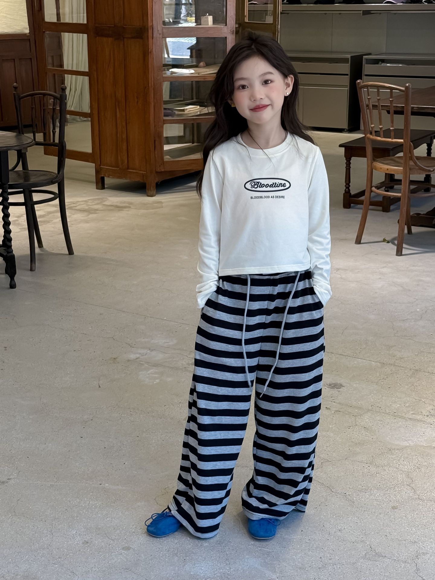 條紋直筒休閒寬褲