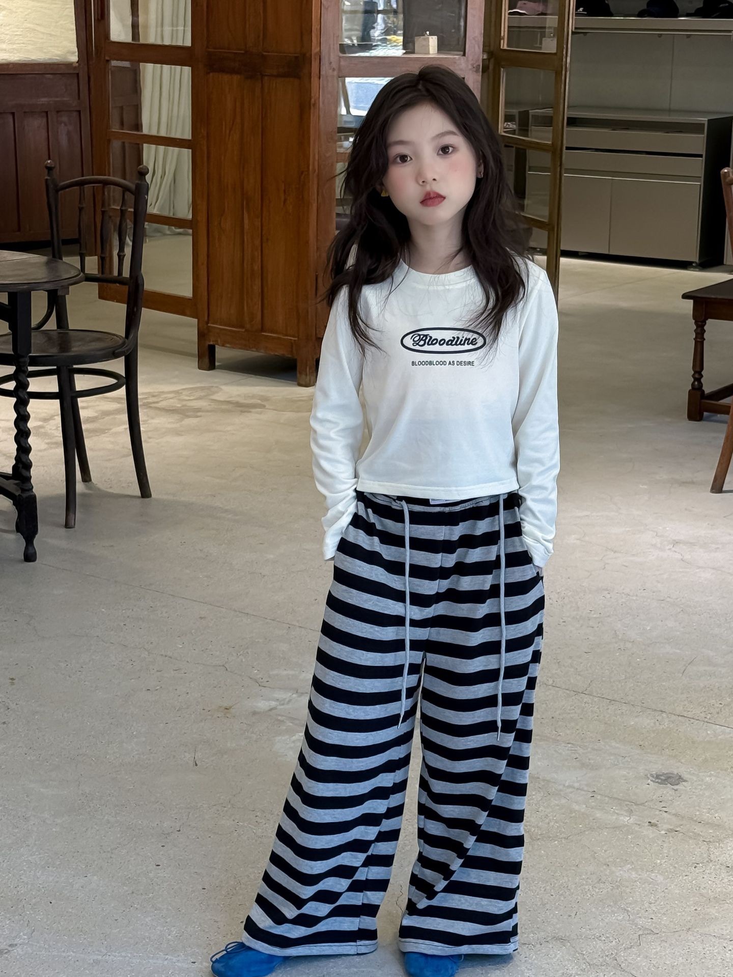 條紋直筒休閒寬褲