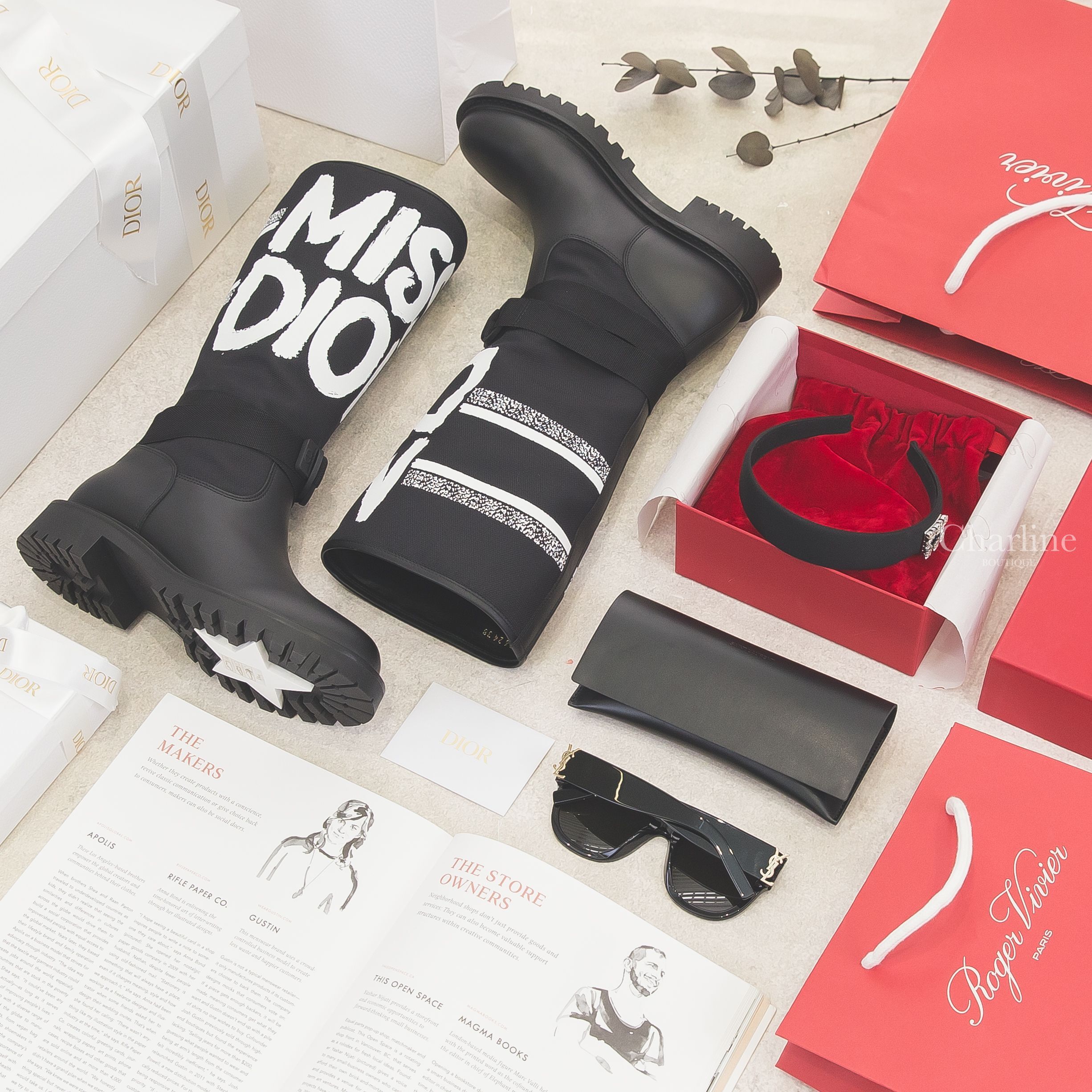 Dior 黑色塗鴉白字布紋拼小牛皮黑釦低跟長靴,Roger Vivier 黑色側邊銀色水晶方釦羅緞髮箍,Saint Laurent 黑色方圓型灰色鏡片側邊金色字母太陽眼鏡-Charline Boutique 精品代購