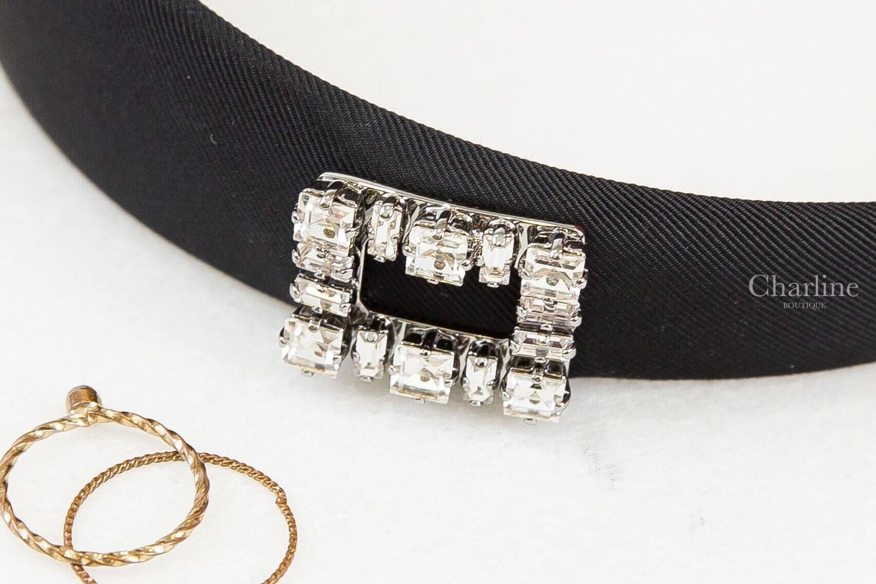 Roger Vivier Très Vivier Hairband In Grosgrain 黑色側邊銀色水晶方釦羅緞髮箍