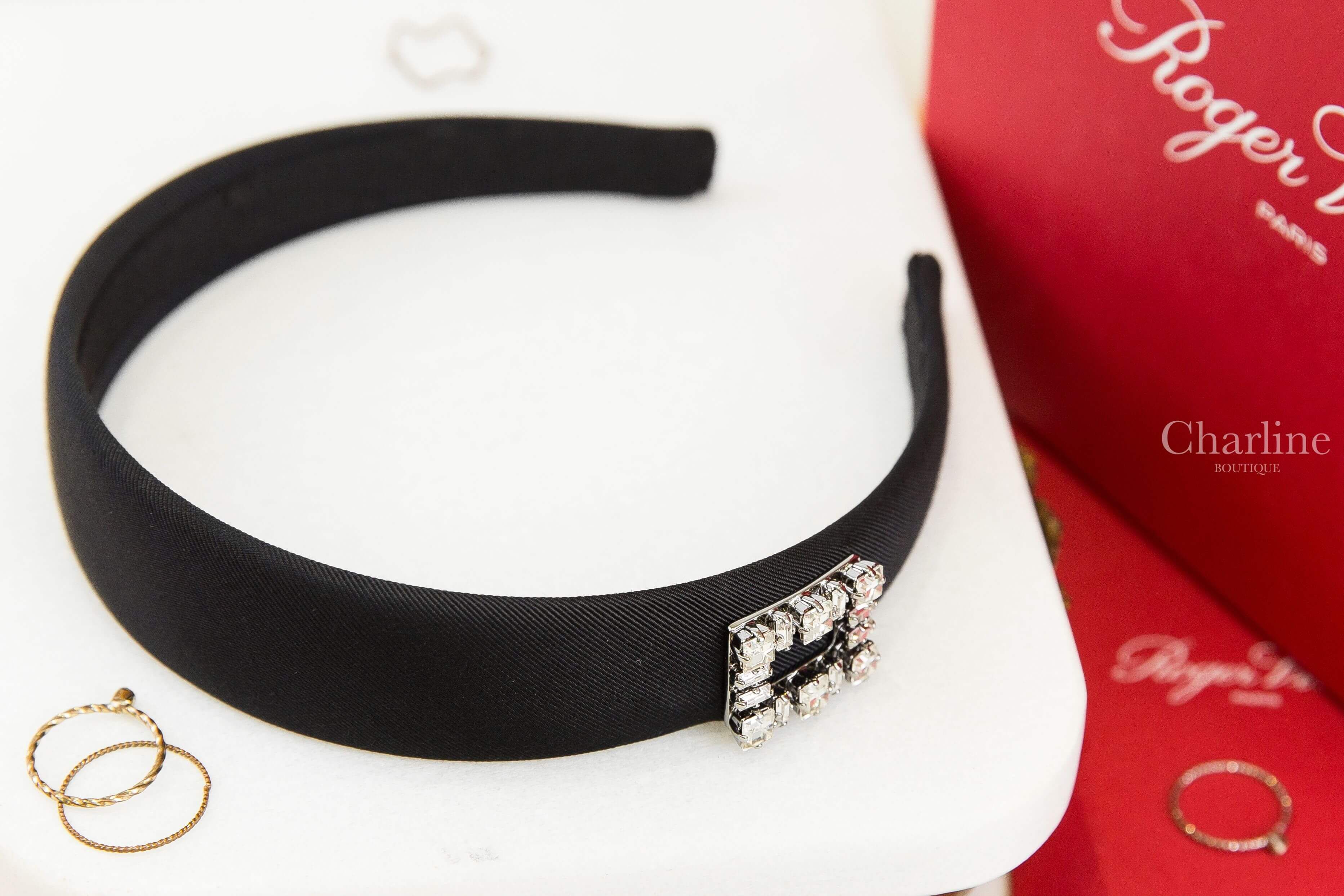 Roger Vivier Très Vivier Hairband In Grosgrain 黑色側邊銀色水晶方釦羅緞髮箍
