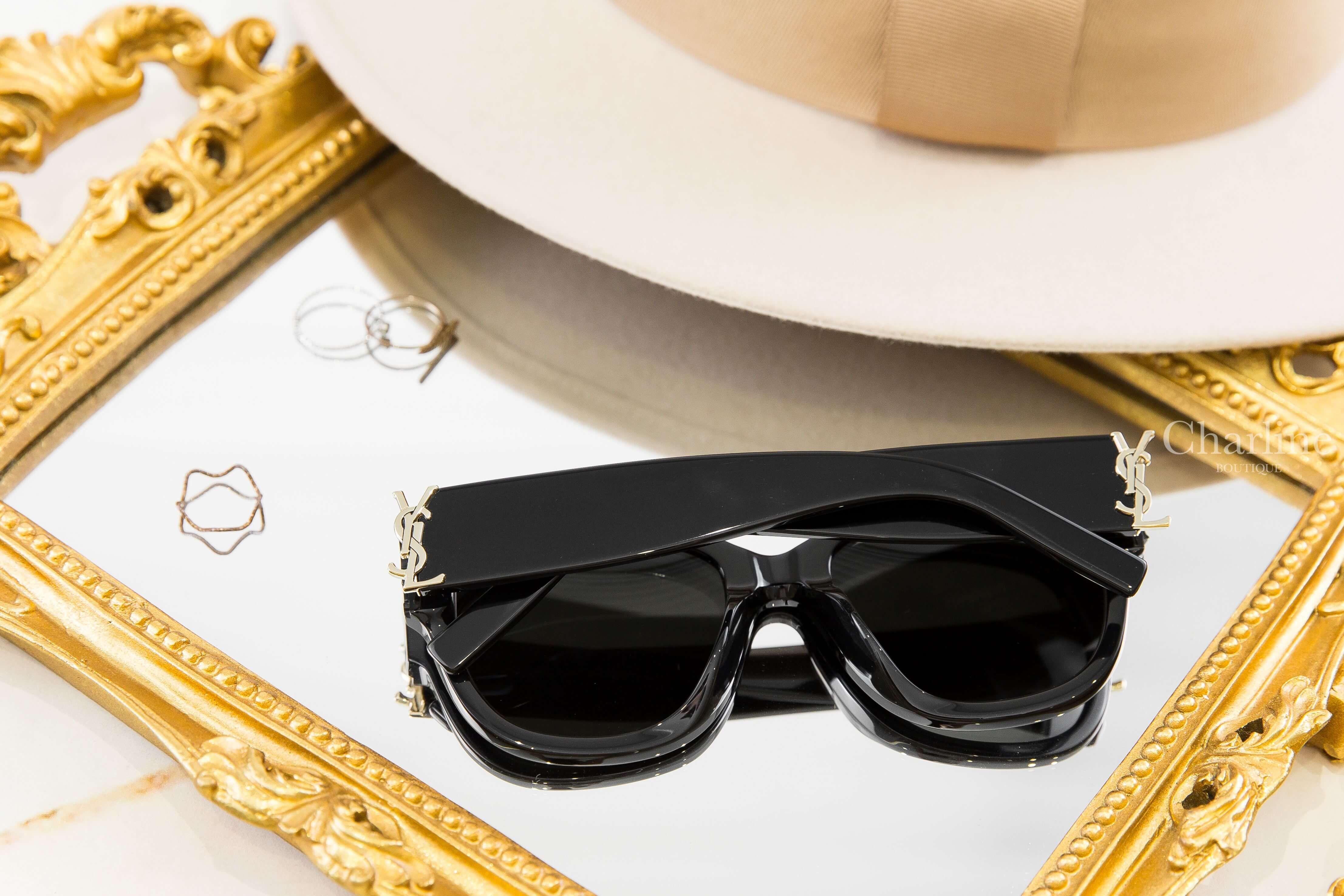 Saint Laurent SL M95 黑色方圓型灰色鏡片側邊金色字母太陽眼鏡-Charline Boutique 精品代購