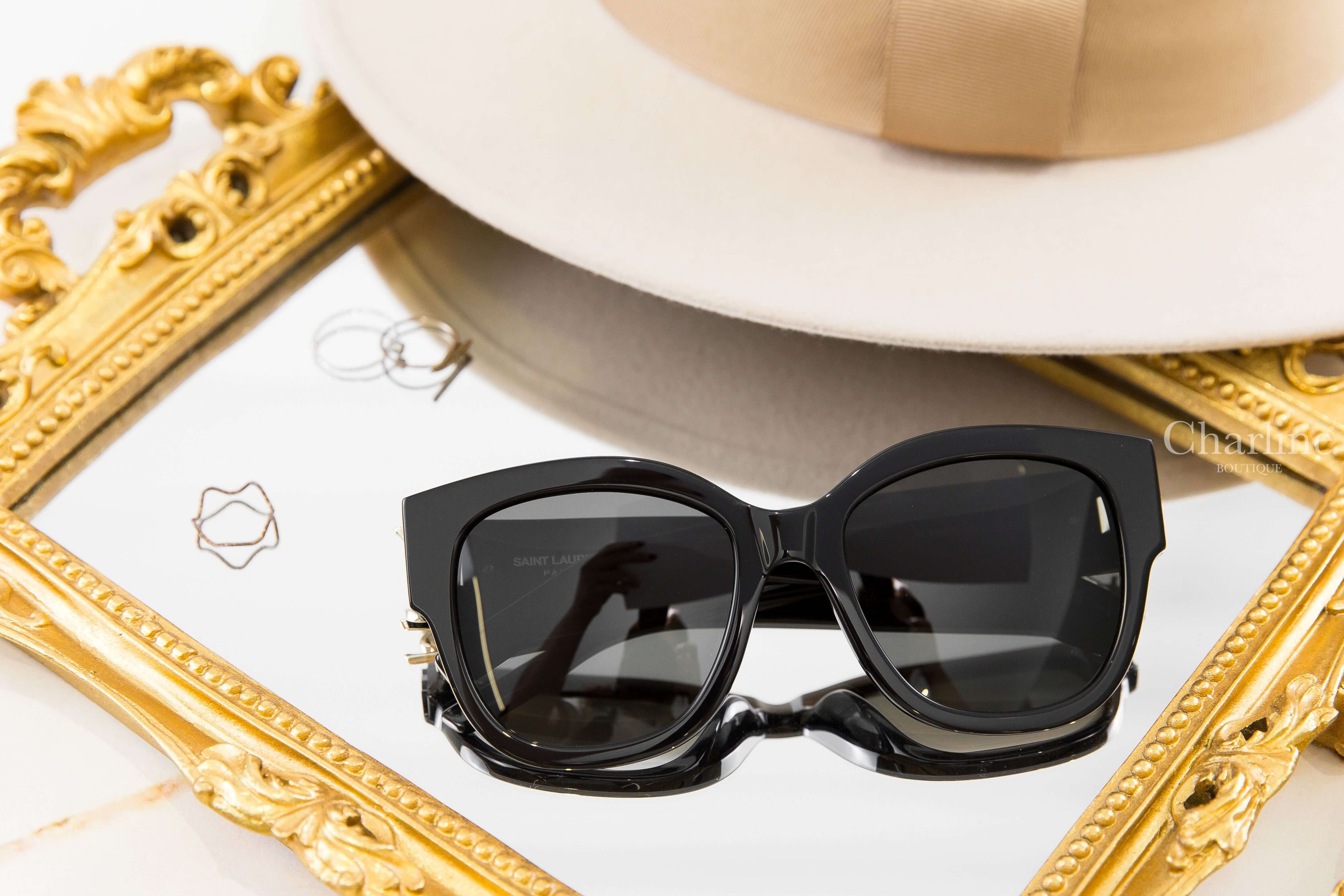 Saint Laurent SL M95 黑色方圓型灰色鏡片側邊金色字母太陽眼鏡