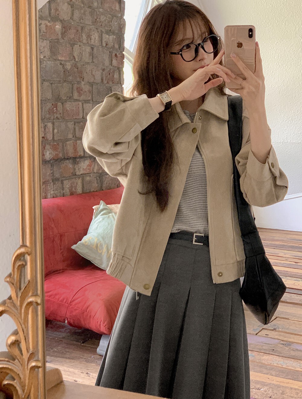 韓國grace muse授權 秋日暖調絨面金屬釦麂皮夾克