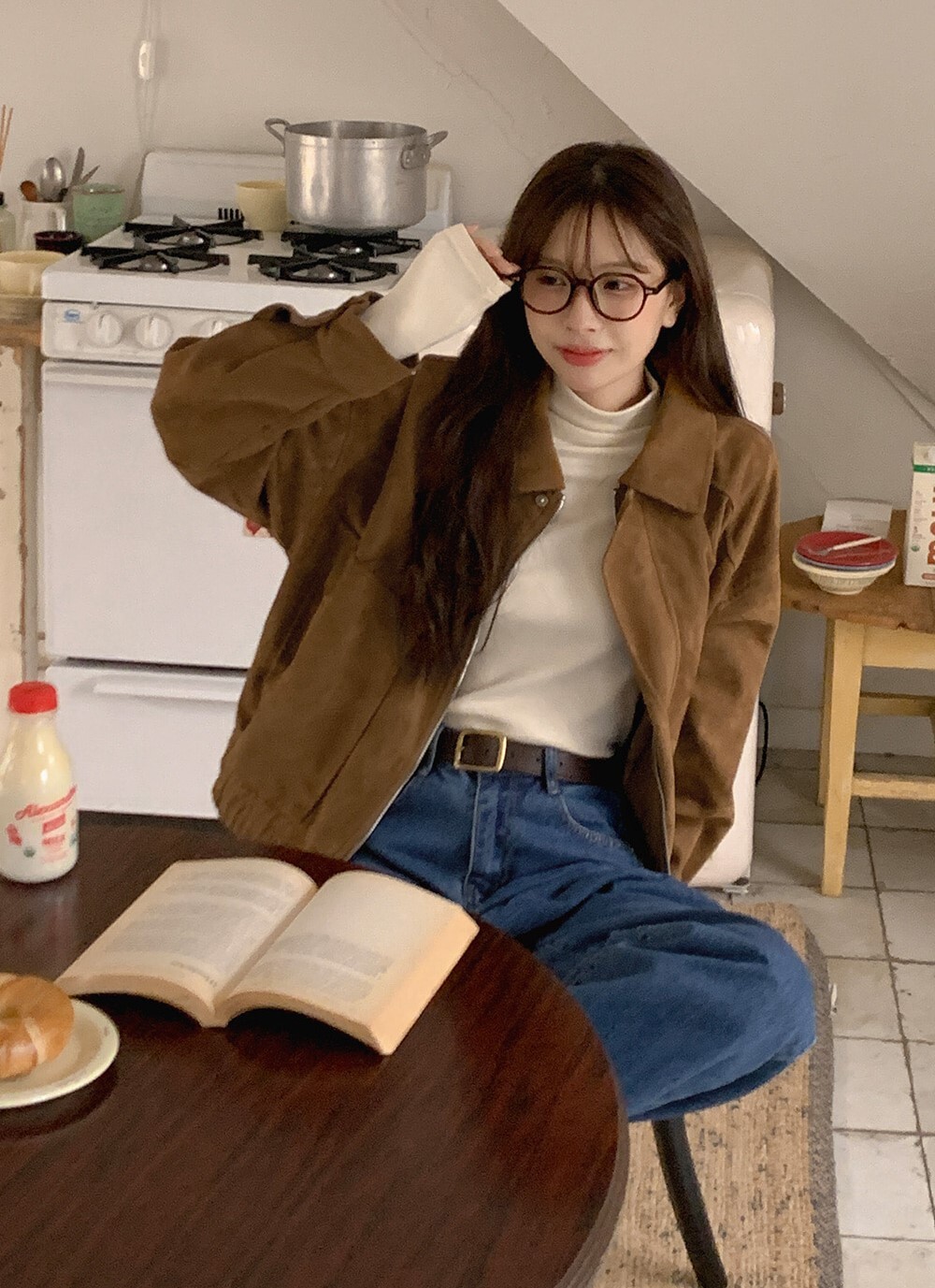 韓國grace muse授權 秋日暖調絨面金屬釦麂皮夾克