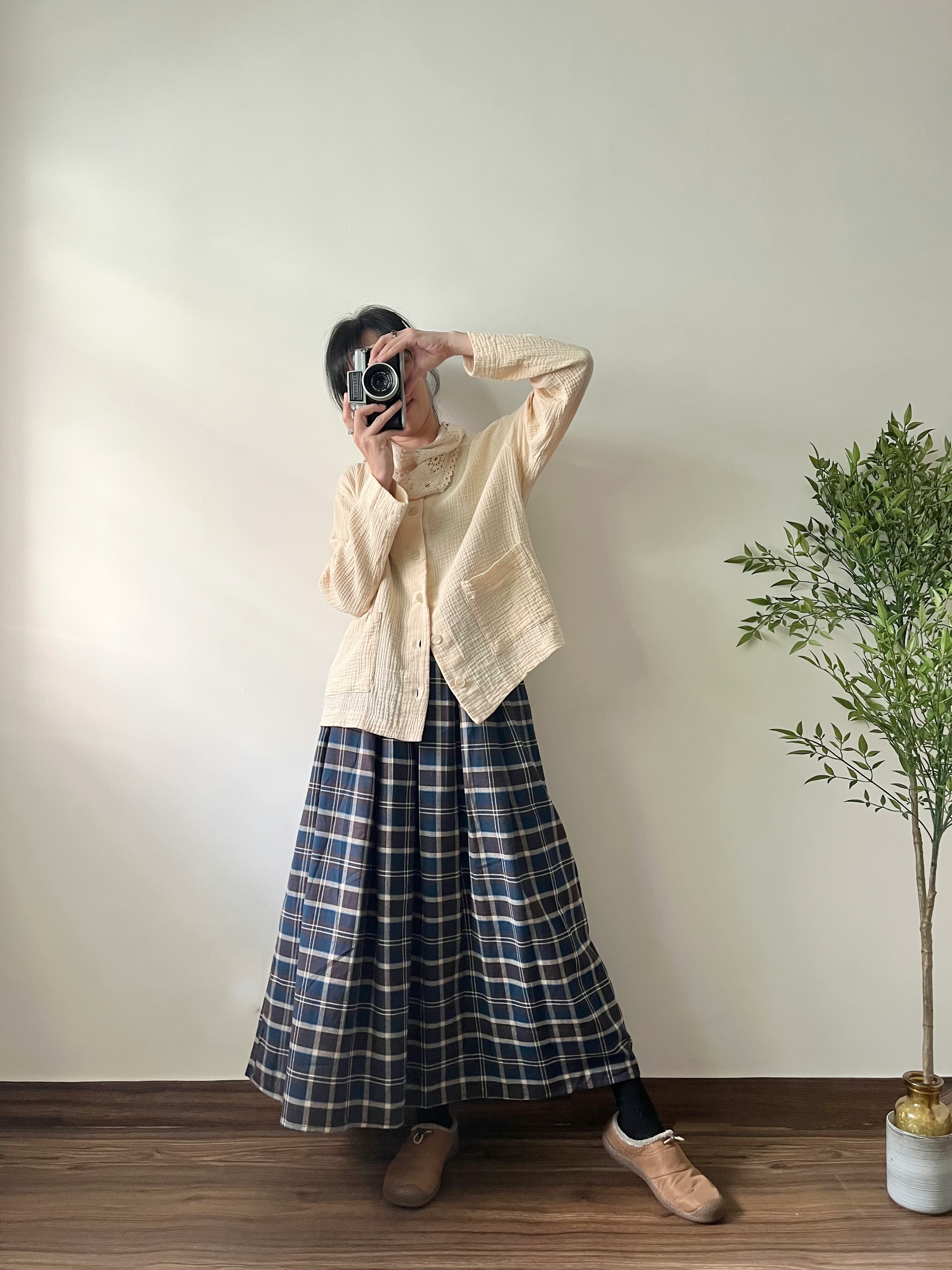 🌿藍啡色格仔長裙