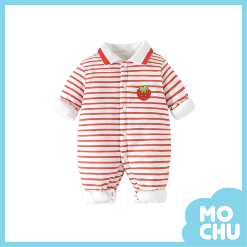 條紋小草莓鋪棉長袖連身衣