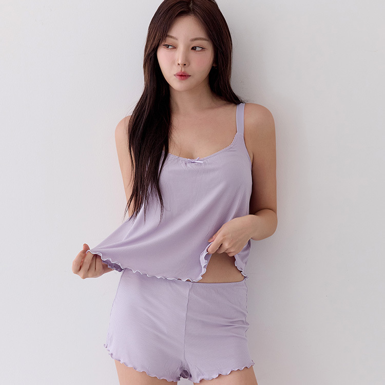 Top【BoBo Sis · Night Bra】Double C Ribbed Jersey Ruffle Hem Pyjamas (Romantic Purple)