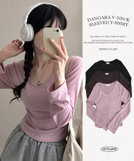 早秋預訂｜STRIPE修身柔軟V領長袖T 恤