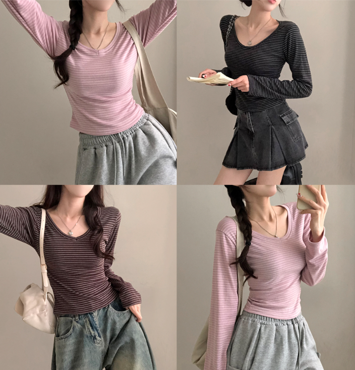 早秋預訂｜STRIPE修身柔軟V領長袖T 恤