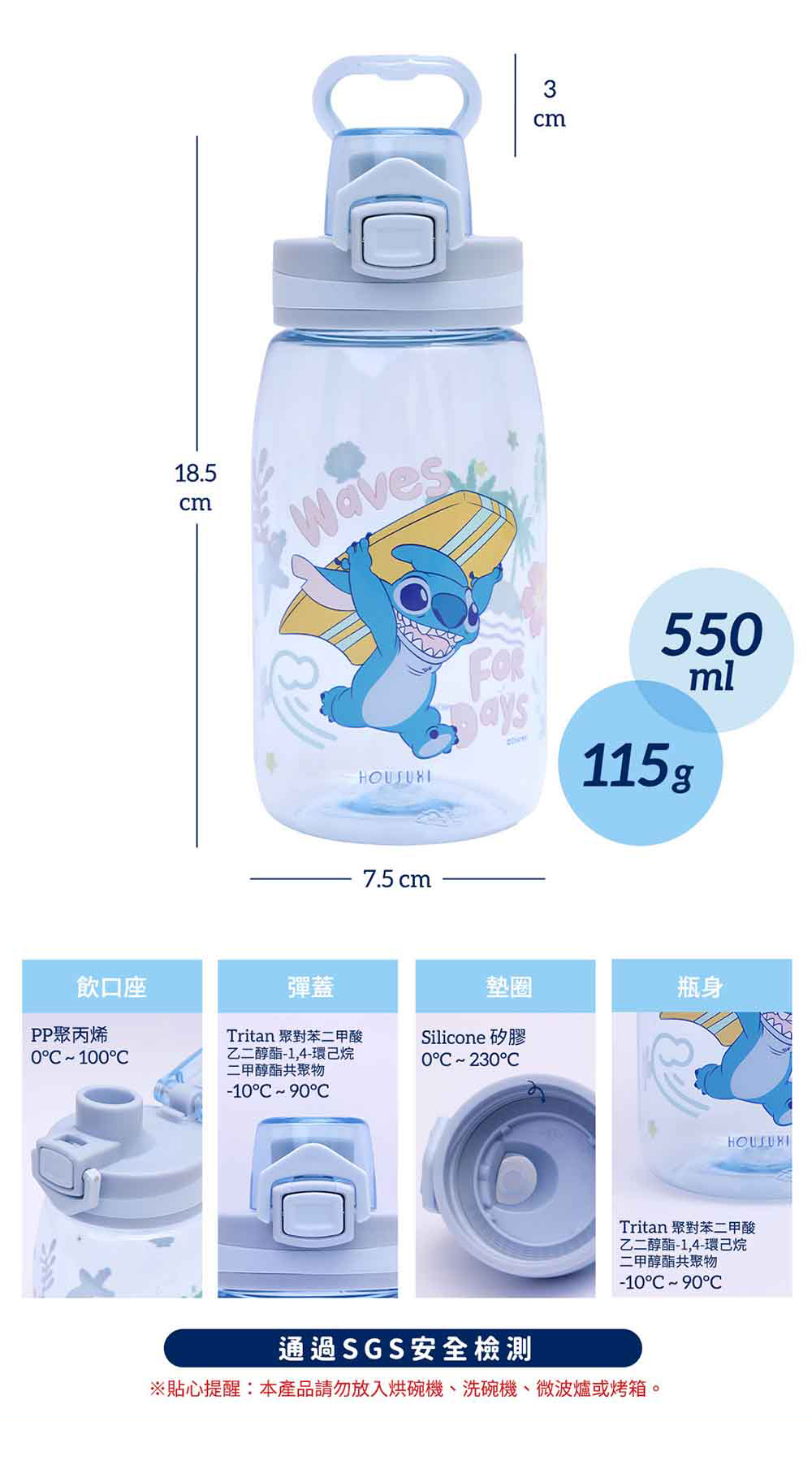 迪士尼史迪奇Tritan彈蓋式水瓶-550ml