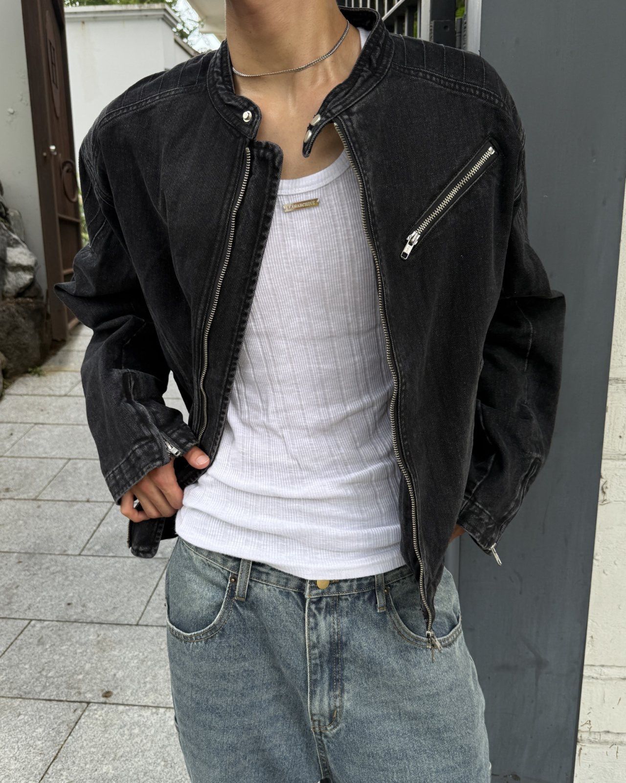 洗水企領牛仔拉鍊外套 OUR ROOM-155JK