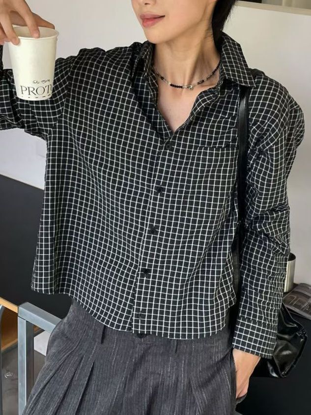 格仔Boxy長袖恤衫 Vass-032S