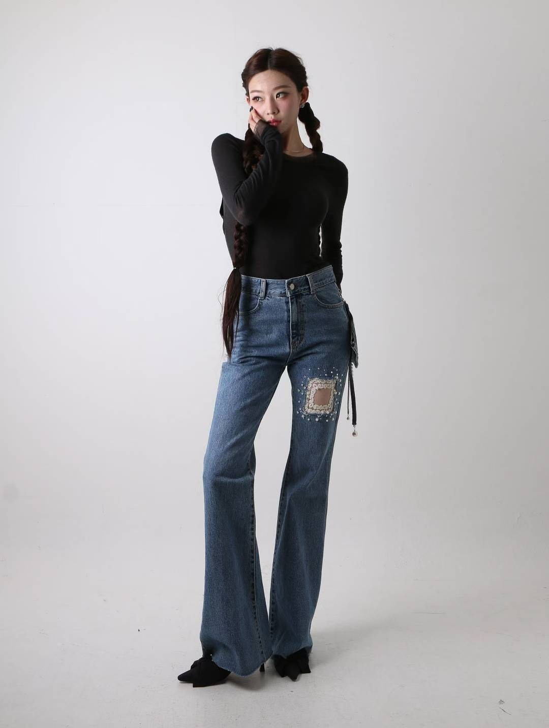 方塊蕾絲牛仔喇叭長褲