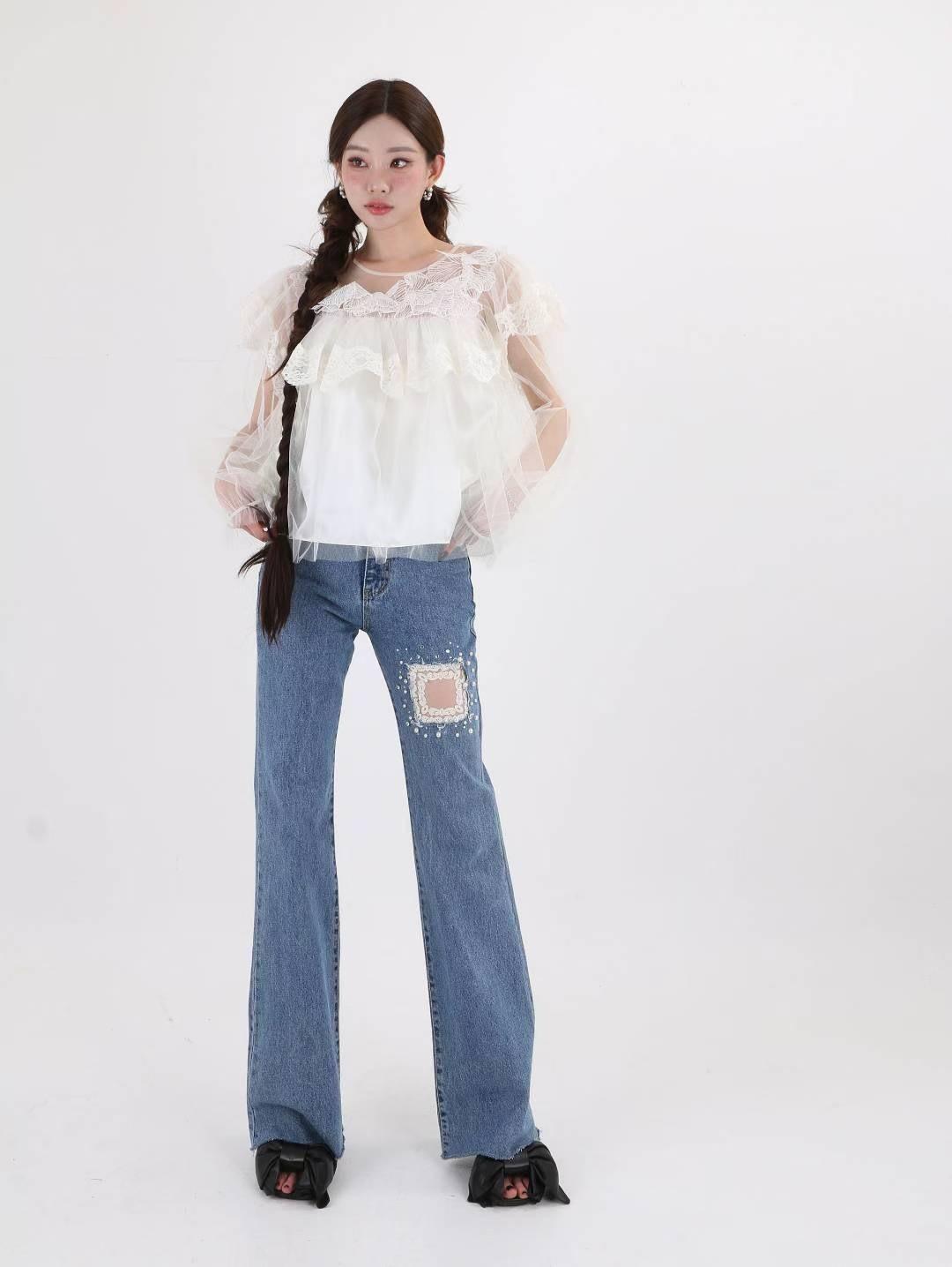 方塊蕾絲牛仔喇叭長褲