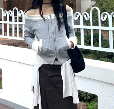 【代購】HIGH SCHOOL DISCO 點點露肩上衣 星星 點點 平口 露肩 拉鍊 開衫