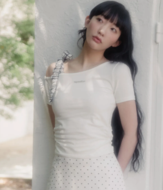 【代購】HIGH SCHOOL DISCO 格紋蝴蝶結露肩短袖 露肩短袖 斜肩短袖 合身 芭蕾風